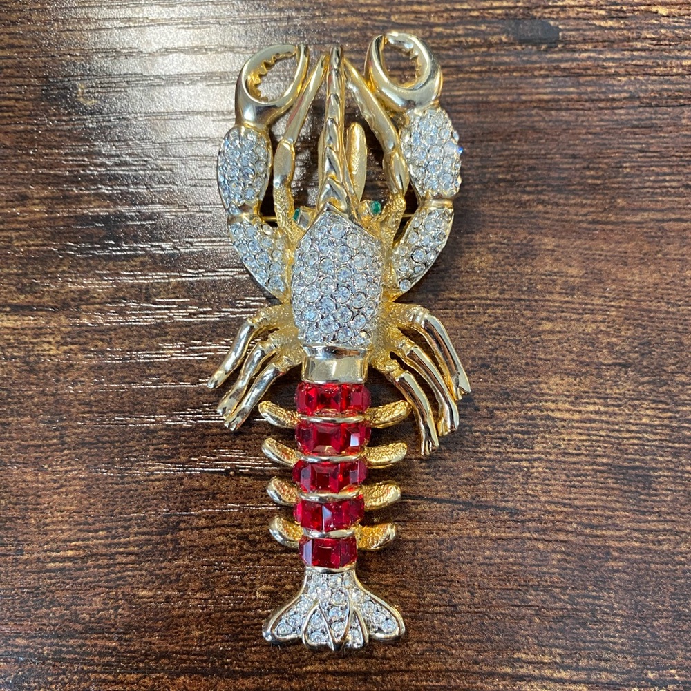 Gold and Red Lobster Brooch